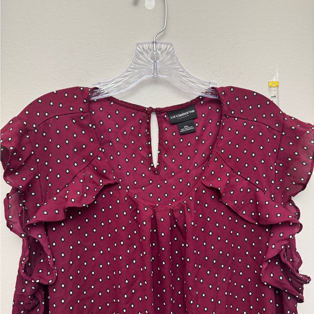 Liz Claiborne Career Womens XXL Burgundy Ruffle Sleeve Blouse - Picture 2 of 6